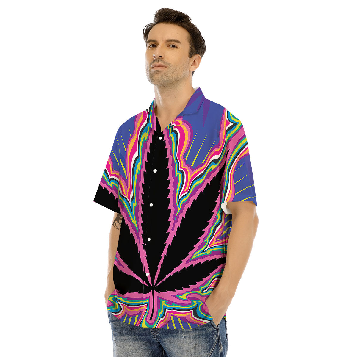 Cannabis Leaf Psychedelic Print Men's Hawaiian Shirt-grizzshop