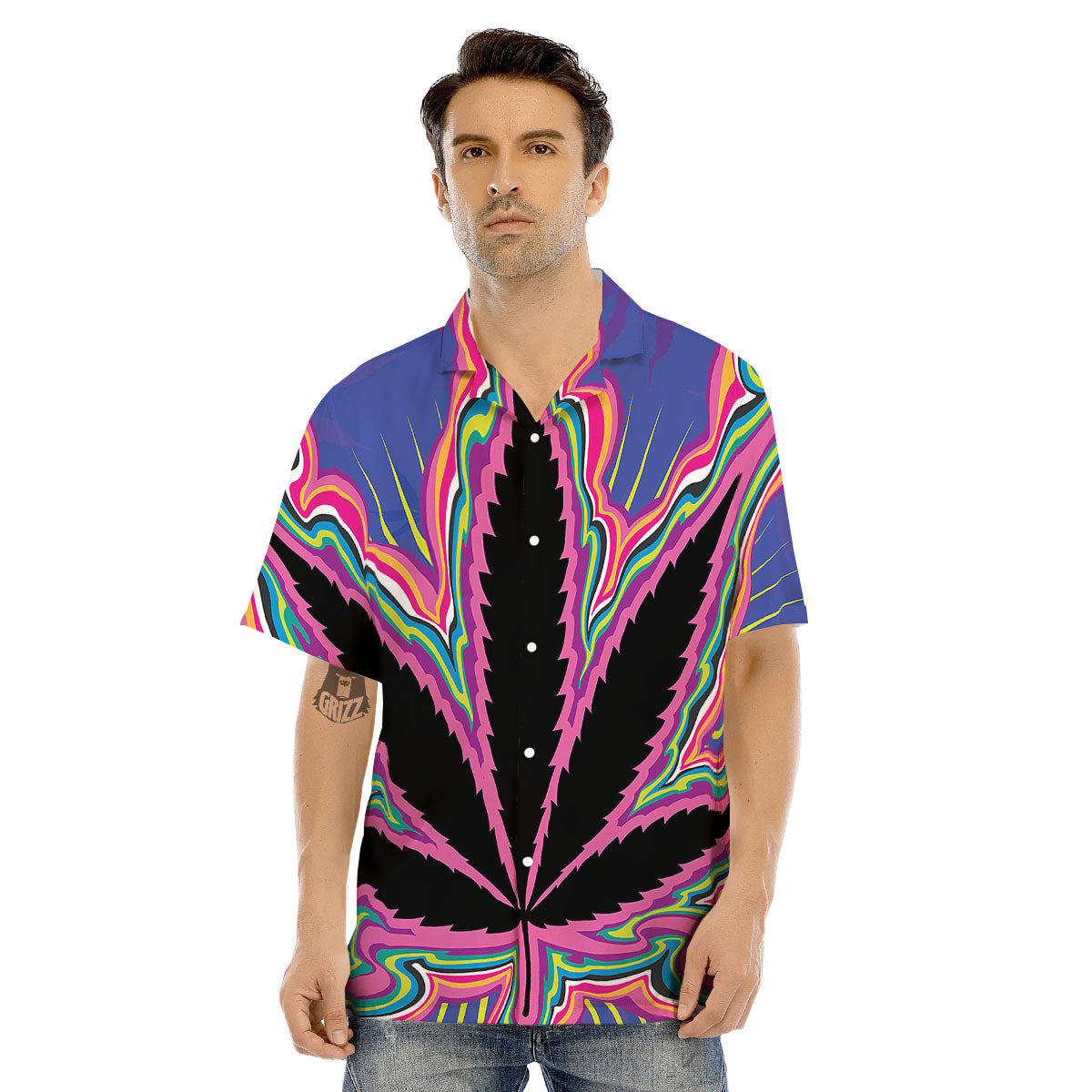 Cannabis Leaf Psychedelic Print Men's Hawaiian Shirt-grizzshop