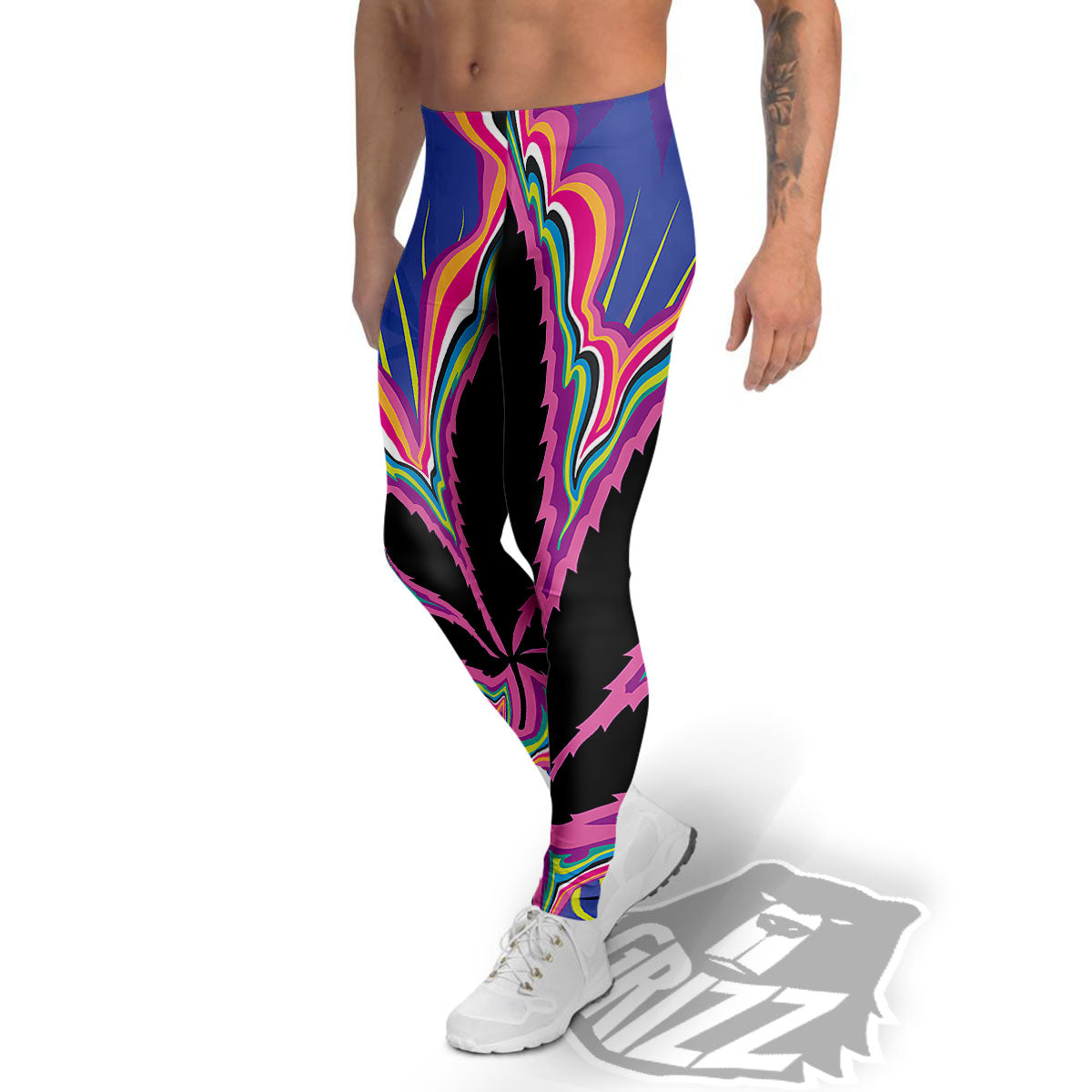 Cannabis Leaf Psychedelic Print Men's Leggings-grizzshop