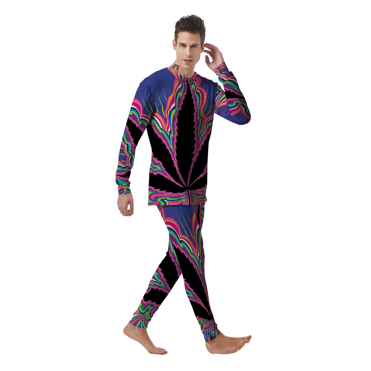 Cannabis Leaf Psychedelic Print Men's Pajamas-grizzshop