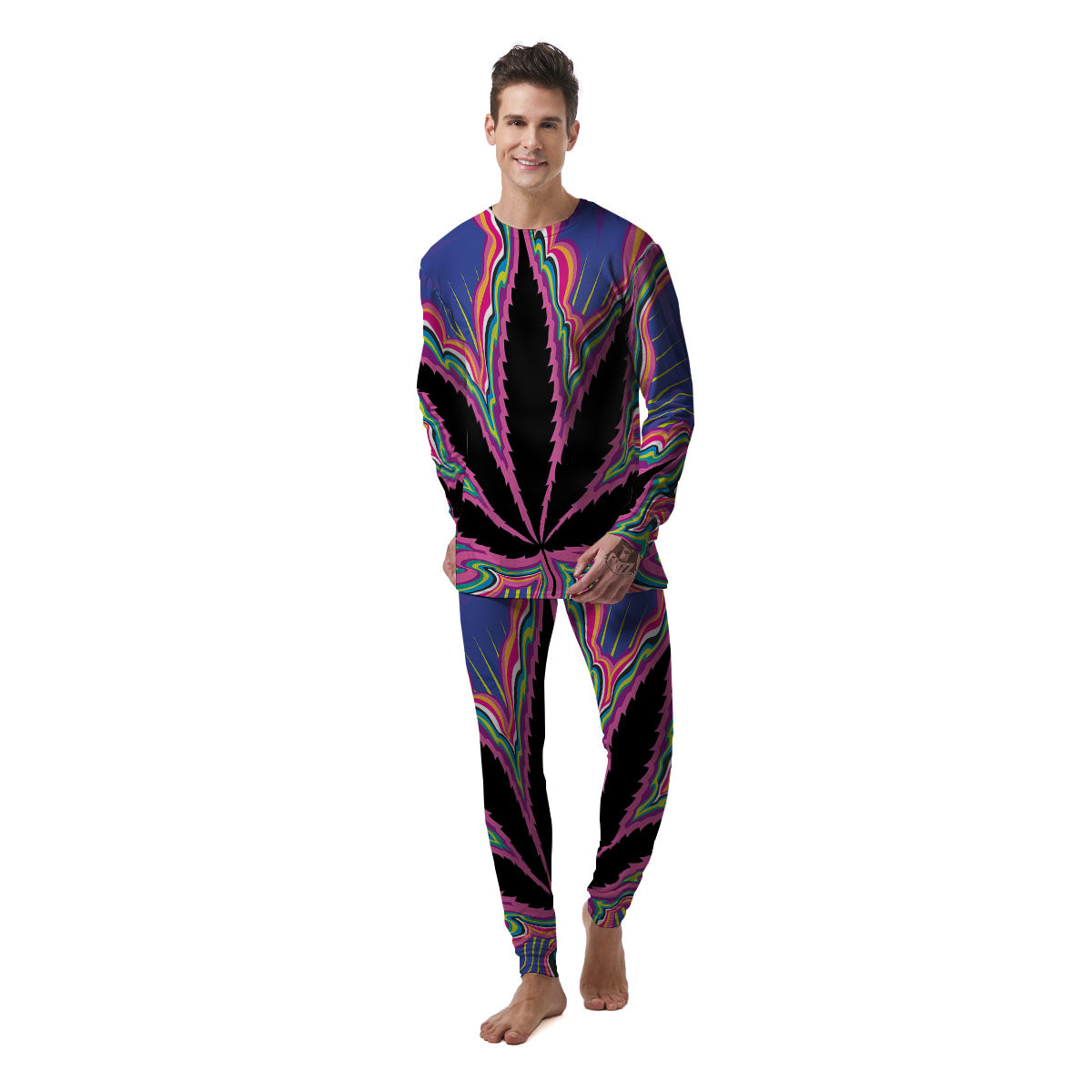 Cannabis Leaf Psychedelic Print Men's Pajamas-grizzshop