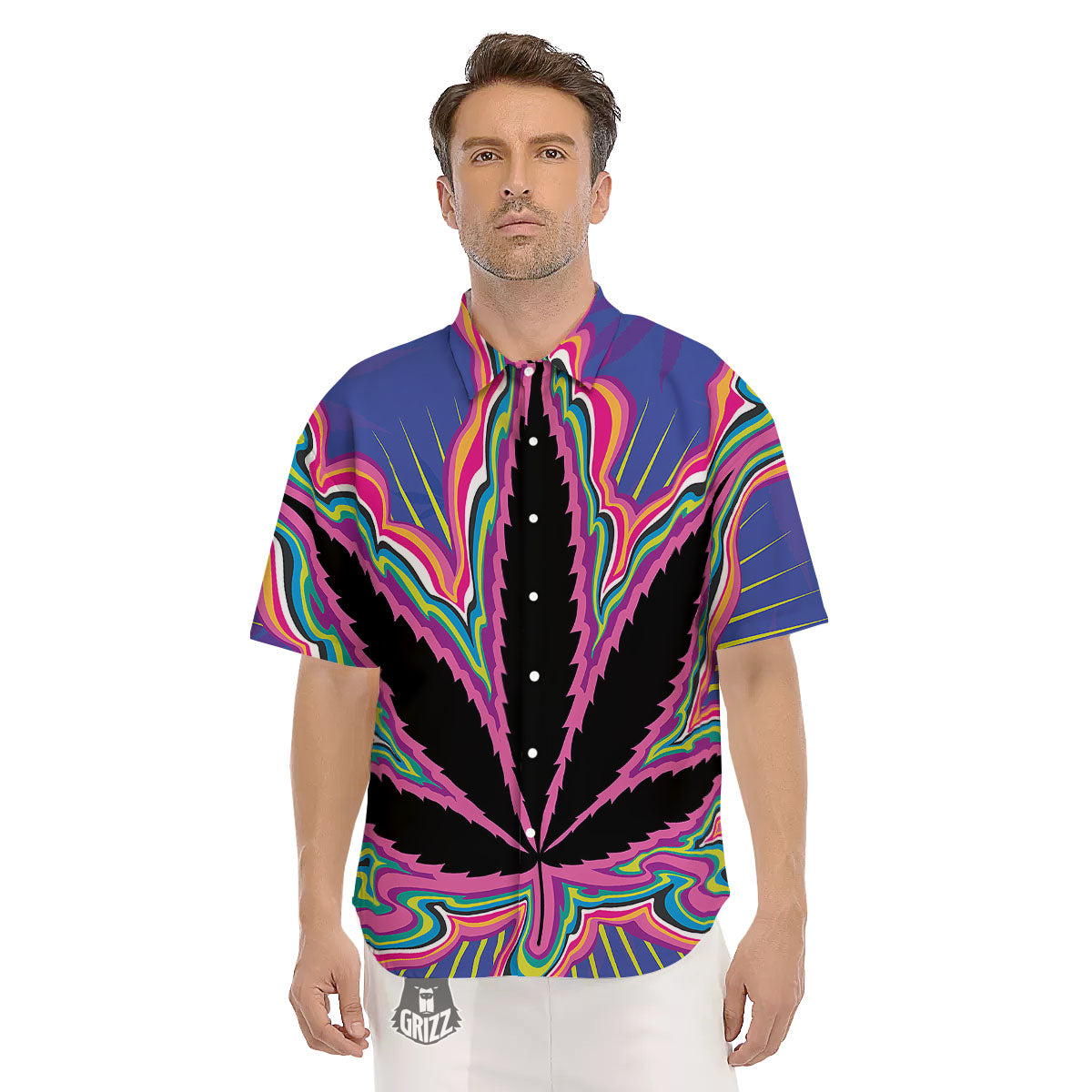 Cannabis Leaf Psychedelic Print Men's Short Sleeve Shirts-grizzshop