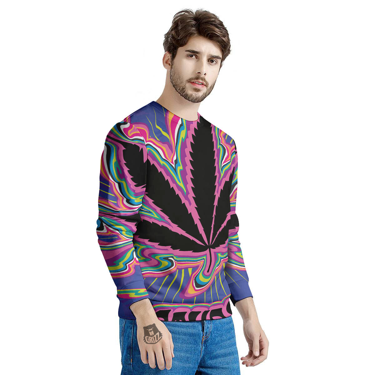 Cannabis Leaf Psychedelic Print Men's Sweatshirt-grizzshop