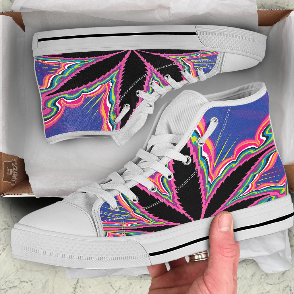 Cannabis Leaf Psychedelic Print White High Top Shoes-grizzshop