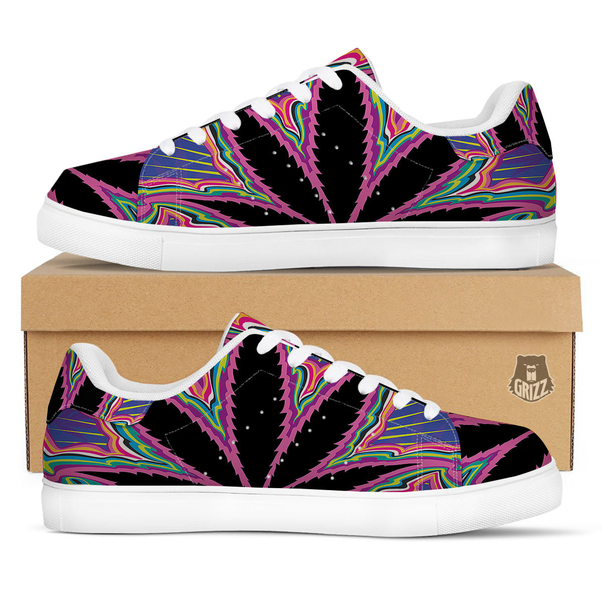 Cannabis Leaf Psychedelic Print White Low Top Sneakers-grizzshop