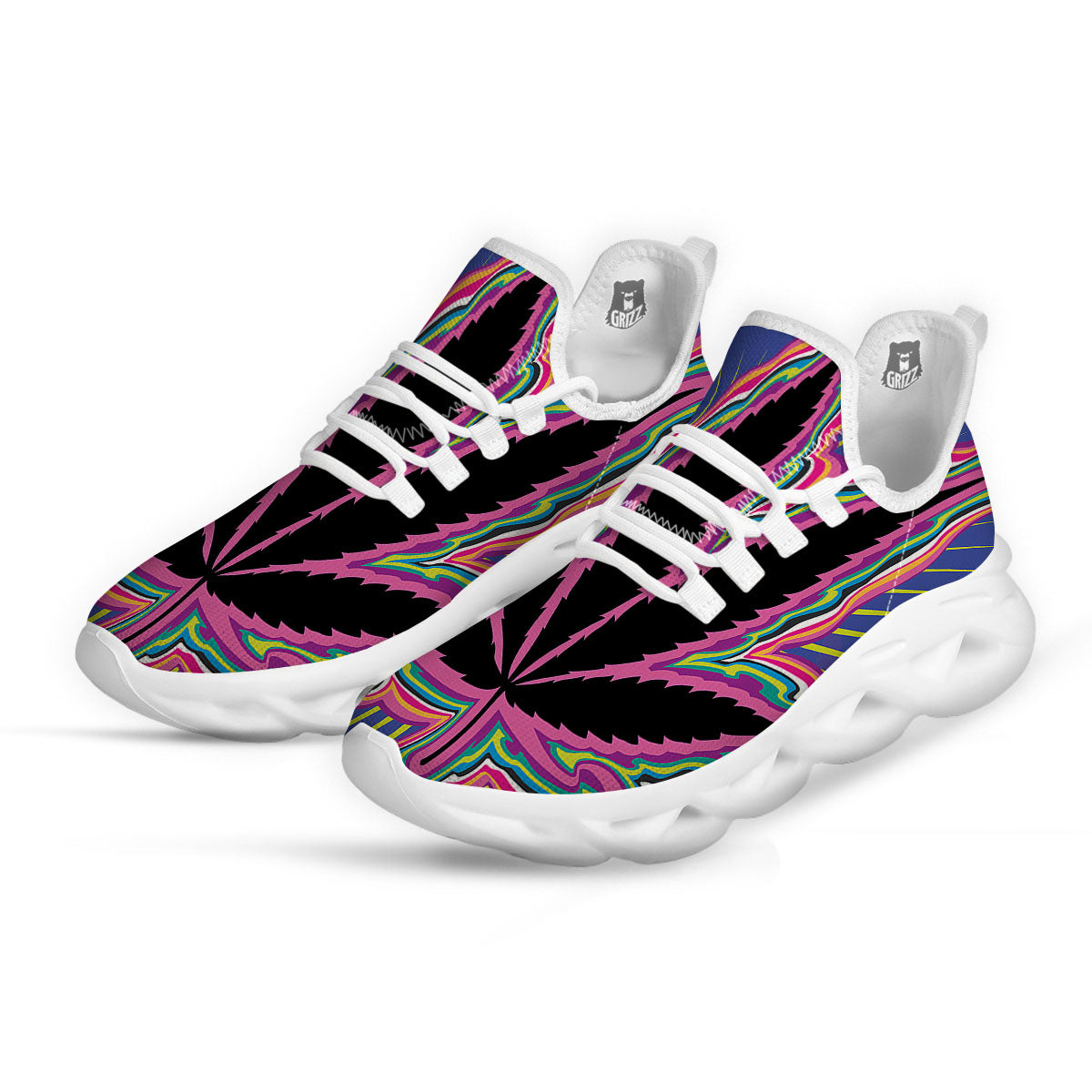 Cannabis Leaf Psychedelic Print White Running Shoes-grizzshop