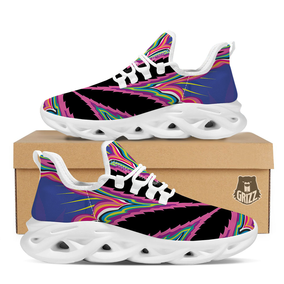 Cannabis Leaf Psychedelic Print White Running Shoes-grizzshop