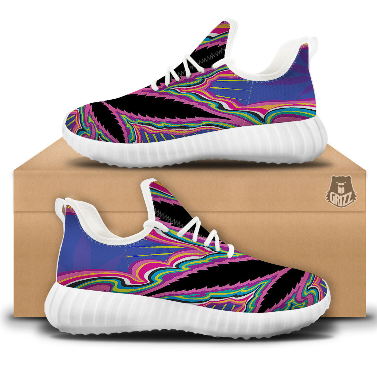 Cannabis Leaf Psychedelic Print White Walking Shoes-grizzshop