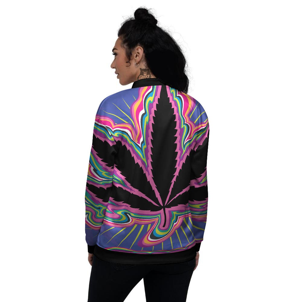 Cannabis Leaf Psychedelic Print Women's Bomber Jacket-grizzshop