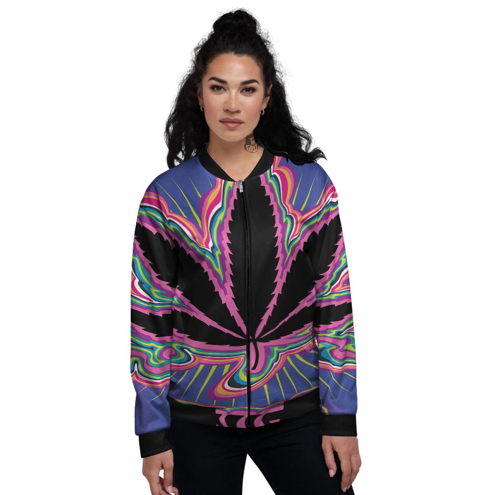 Cannabis Leaf Psychedelic Print Women's Bomber Jacket-grizzshop