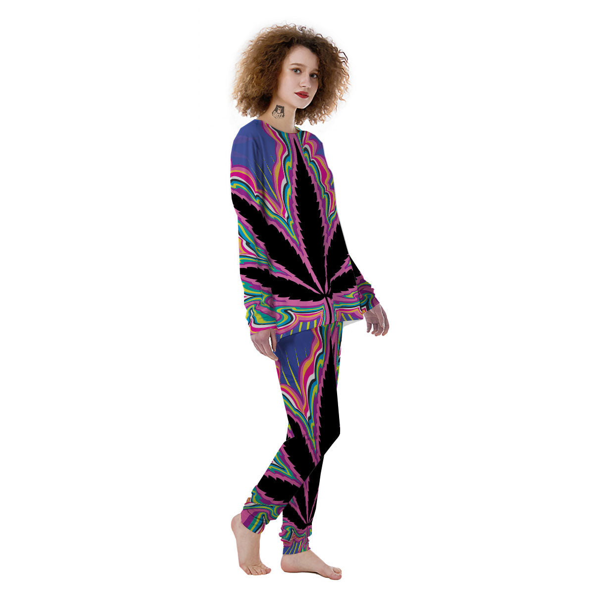 Cannabis Leaf Psychedelic Print Women's Pajamas-grizzshop