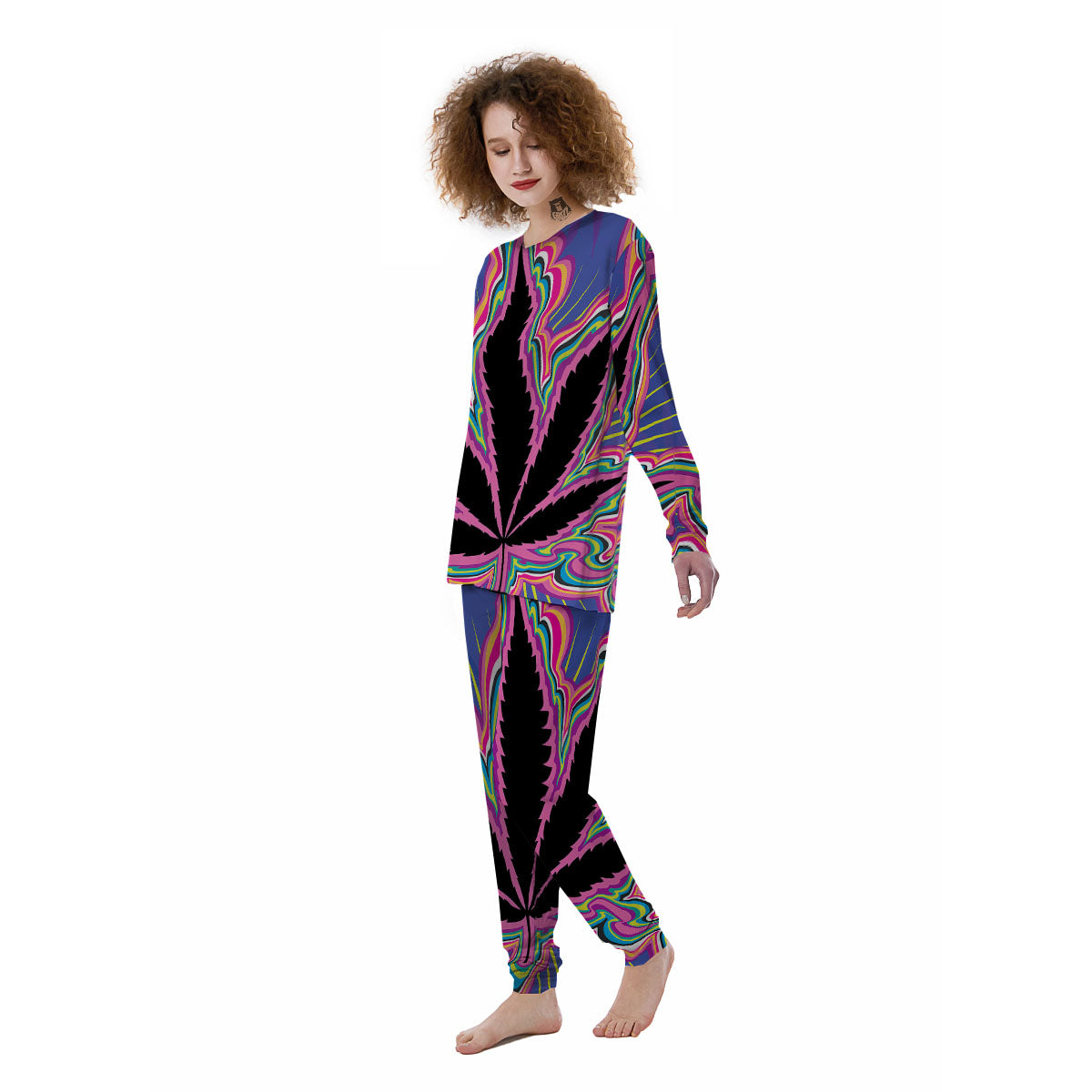 Cannabis Leaf Psychedelic Print Women's Pajamas-grizzshop