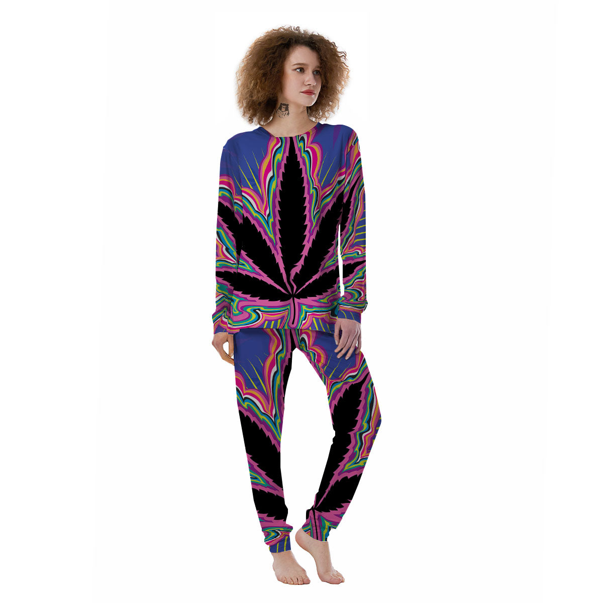 Cannabis Leaf Psychedelic Print Women's Pajamas-grizzshop