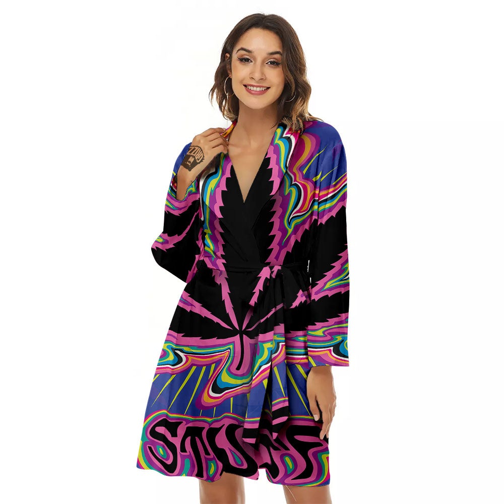 Cannabis Leaf Psychedelic Print Women's Robe-grizzshop