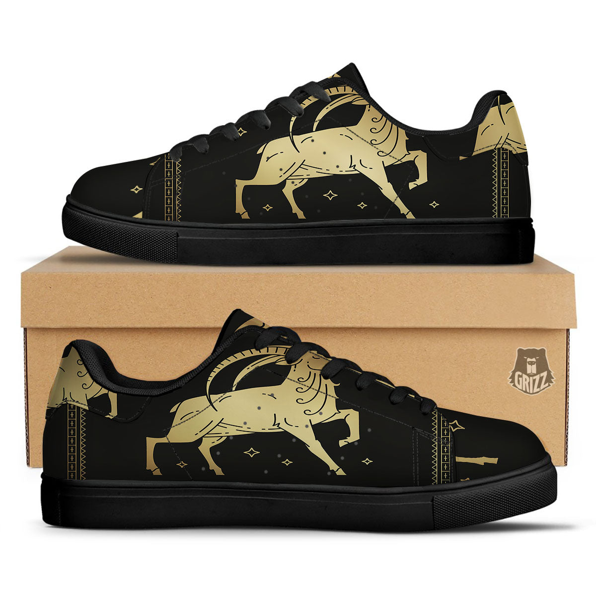 Capricorn Sign Astrological Print Black Low Top Sneakers-grizzshop