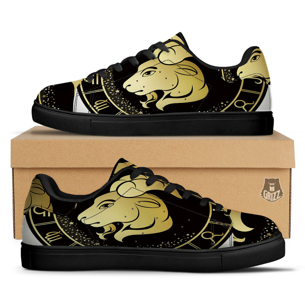 Capricorn Sign Black And Gold Print Black Low Top Sneakers-grizzshop