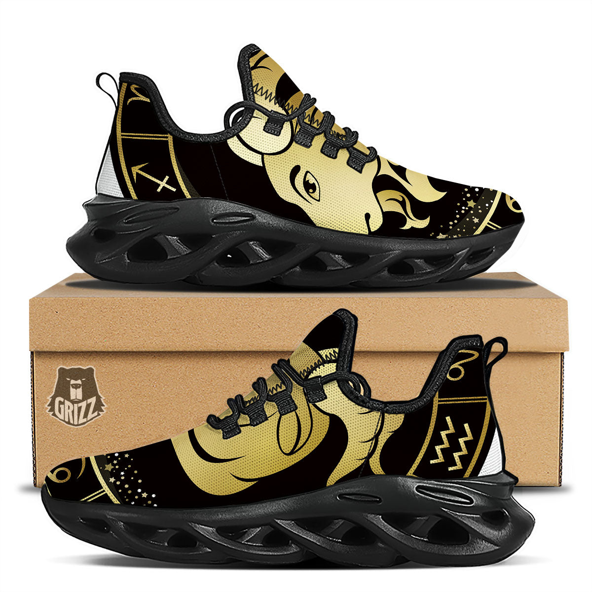 Capricorn Sign Black And Gold Print Black Running Shoes-grizzshop
