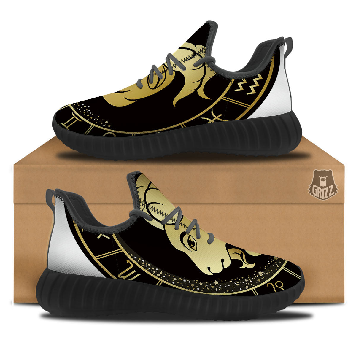 Capricorn Sign Black And Gold Print Black Walking Shoes-grizzshop