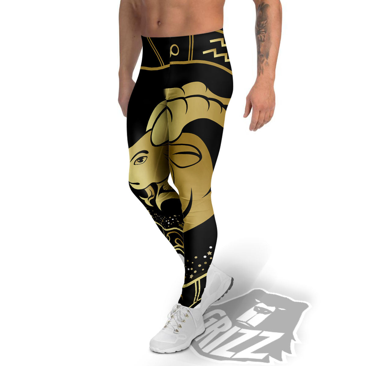 Capricorn Sign Black And Gold Print Men's Leggings-grizzshop