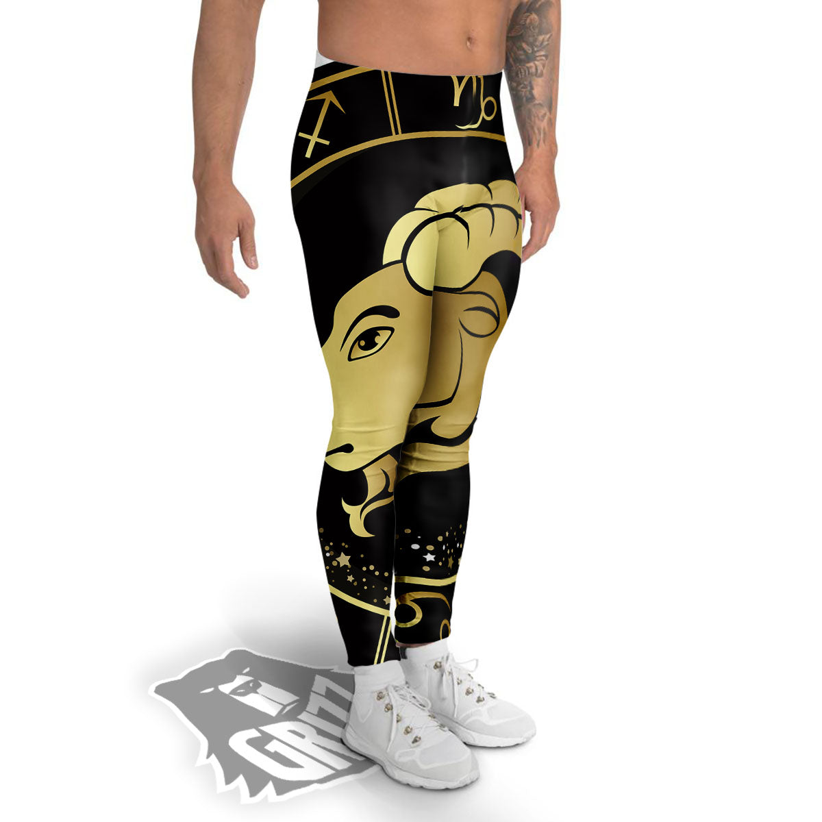 Capricorn Sign Black And Gold Print Men's Leggings-grizzshop