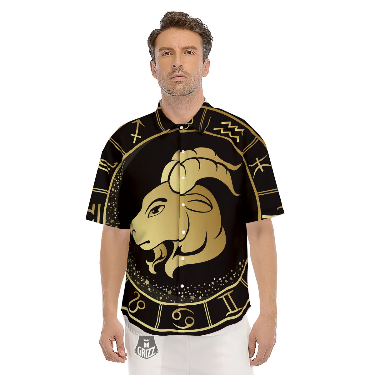 Capricorn Sign Black And Gold Print Men's Short Sleeve Shirts-grizzshop