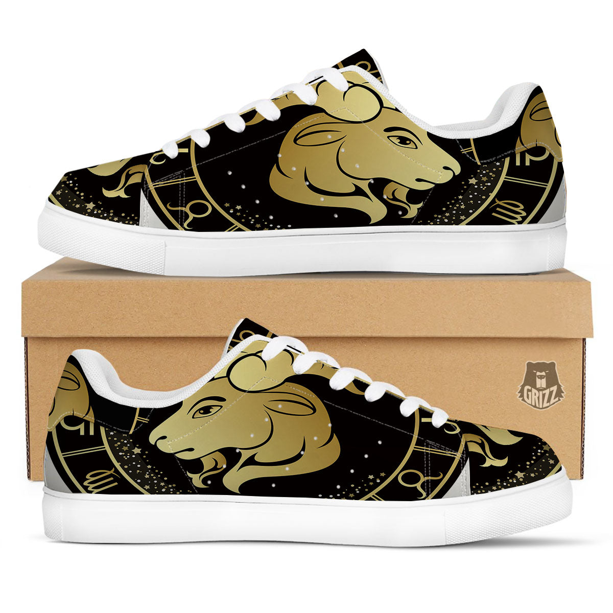 Capricorn Sign Black And Gold Print White Low Top Sneakers-grizzshop