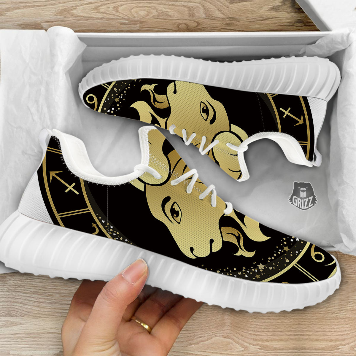 Capricorn Sign Black And Gold Print White Walking Shoes-grizzshop
