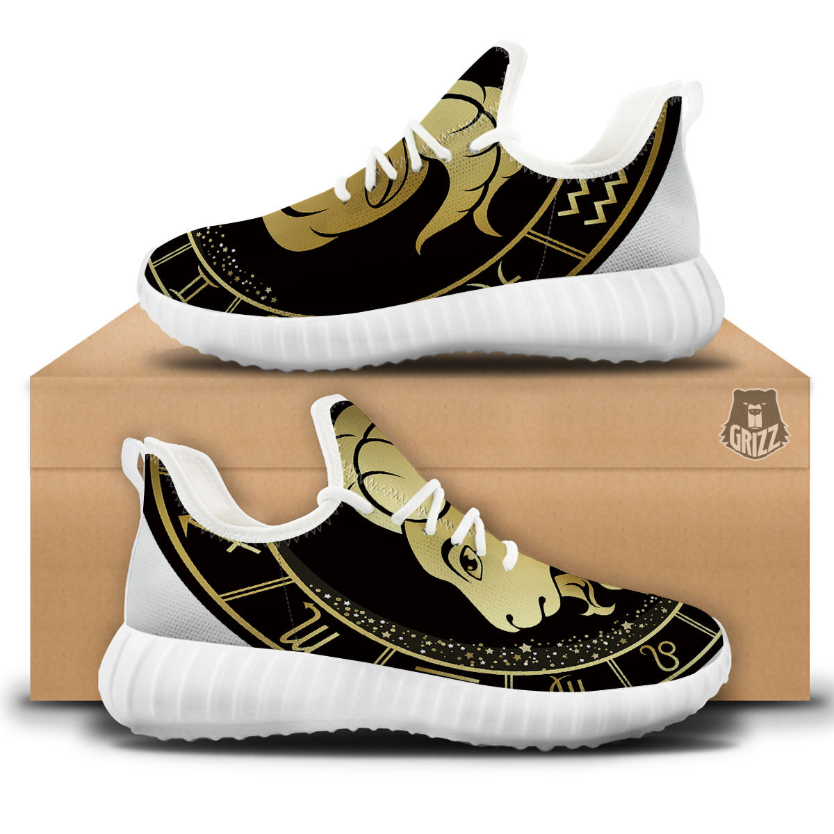 Capricorn Sign Black And Gold Print White Walking Shoes-grizzshop