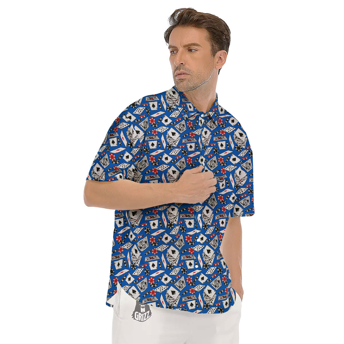 Card And Casino Chip Print Pattern Men's Short Sleeve Shirts-grizzshop