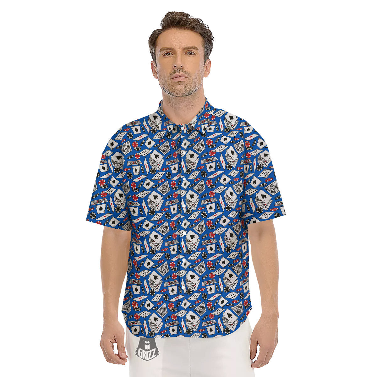 Card And Casino Chip Print Pattern Men's Short Sleeve Shirts-grizzshop