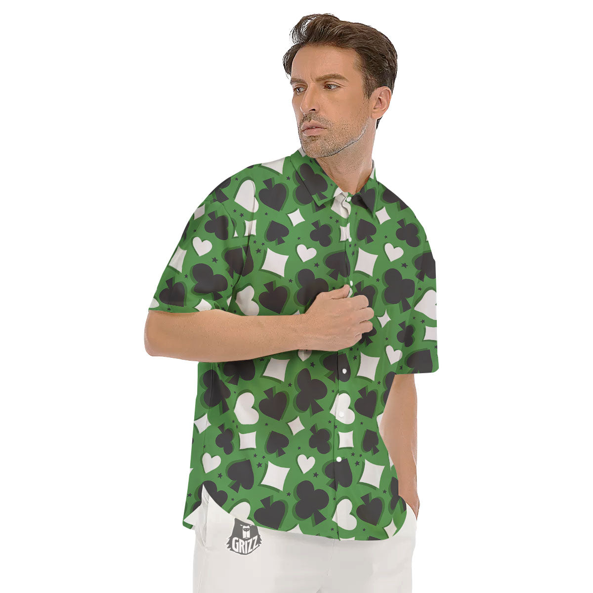 Card Suits Green Playing Print Pattern Men's Short Sleeve Shirts-grizzshop