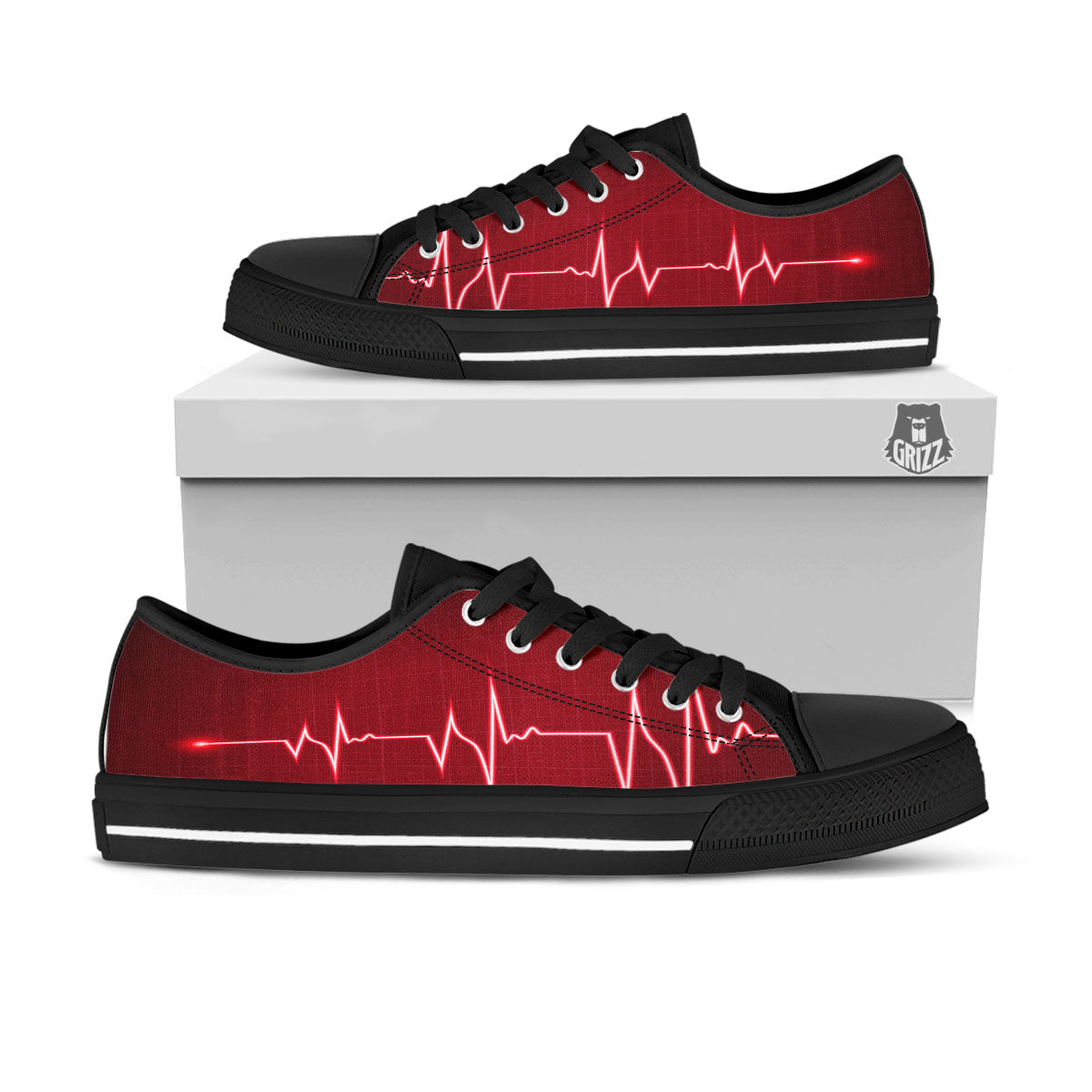 Cardiogram Heartbeat Print Black Low Top Shoes-grizzshop