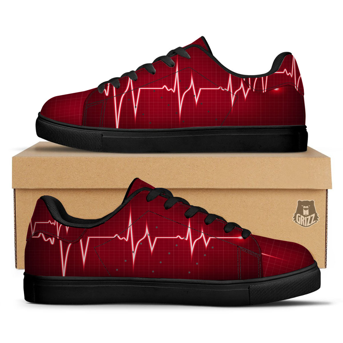 Cardiogram Heartbeat Print Black Low Top Sneakers-grizzshop