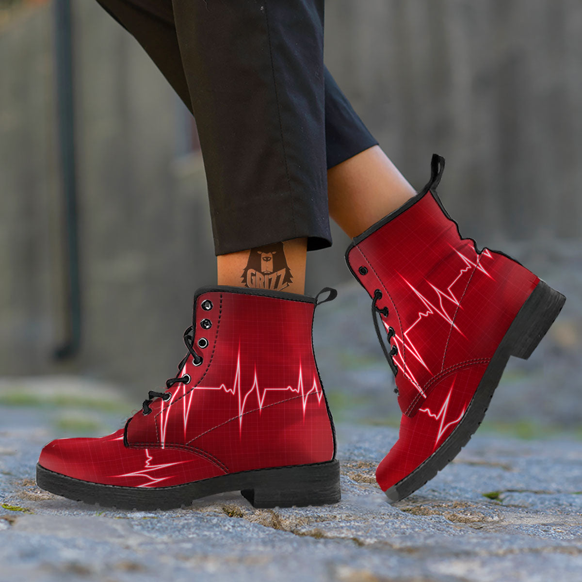 Cardiogram Heartbeat Print Leather Boots-grizzshop