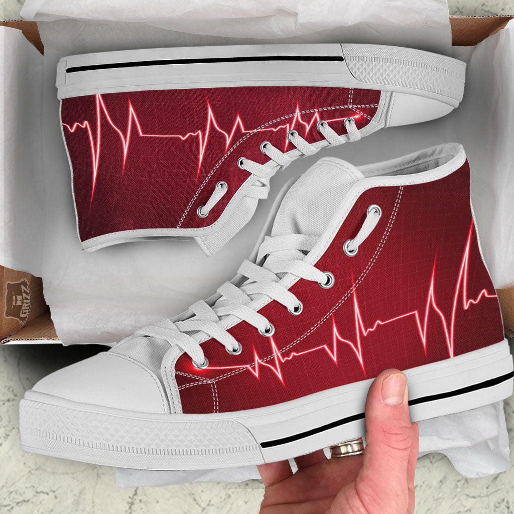 Cardiogram Heartbeat Print White High Top Shoes-grizzshop