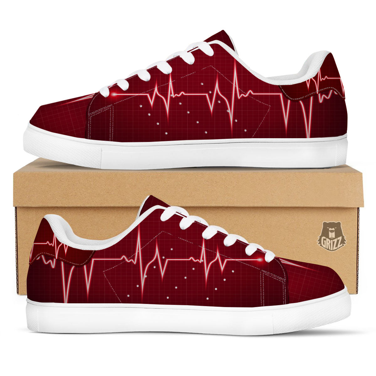 Cardiogram Heartbeat Print White Low Top Sneakers-grizzshop