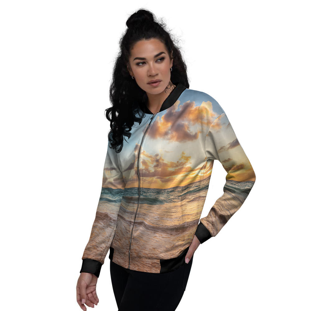 Caribbean Ocean Print Women's Bomber Jacket-grizzshop