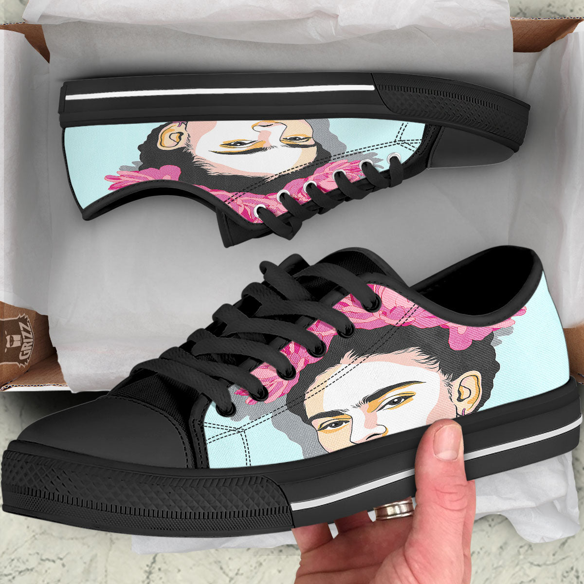 Carmen Frida Kahlo Magdalena Print Black Low Top Shoes-grizzshop