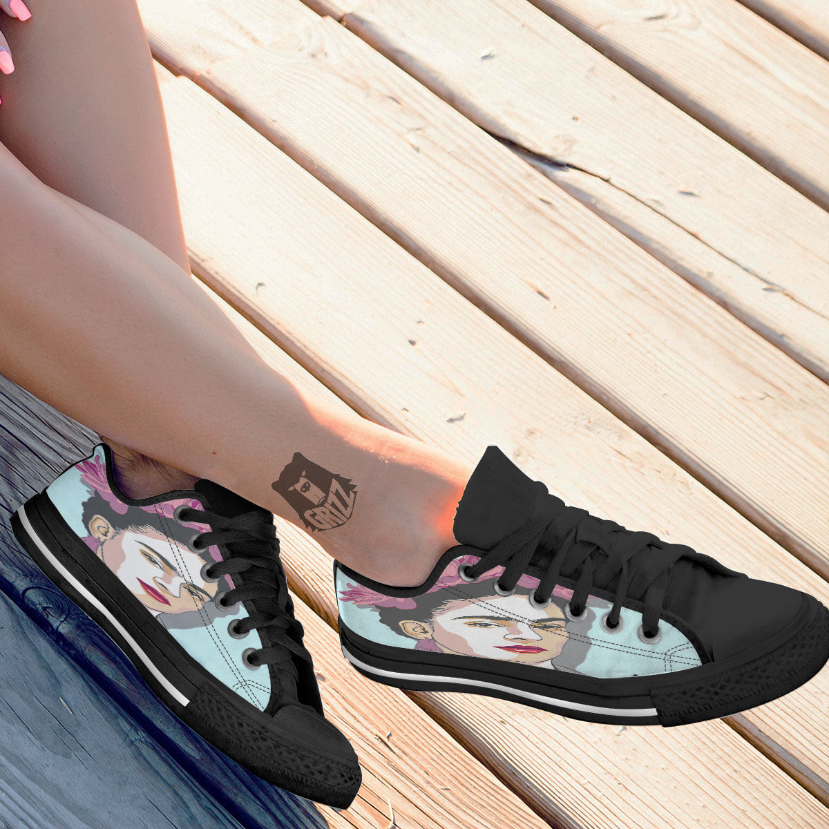 Carmen Frida Kahlo Magdalena Print Black Low Top Shoes-grizzshop