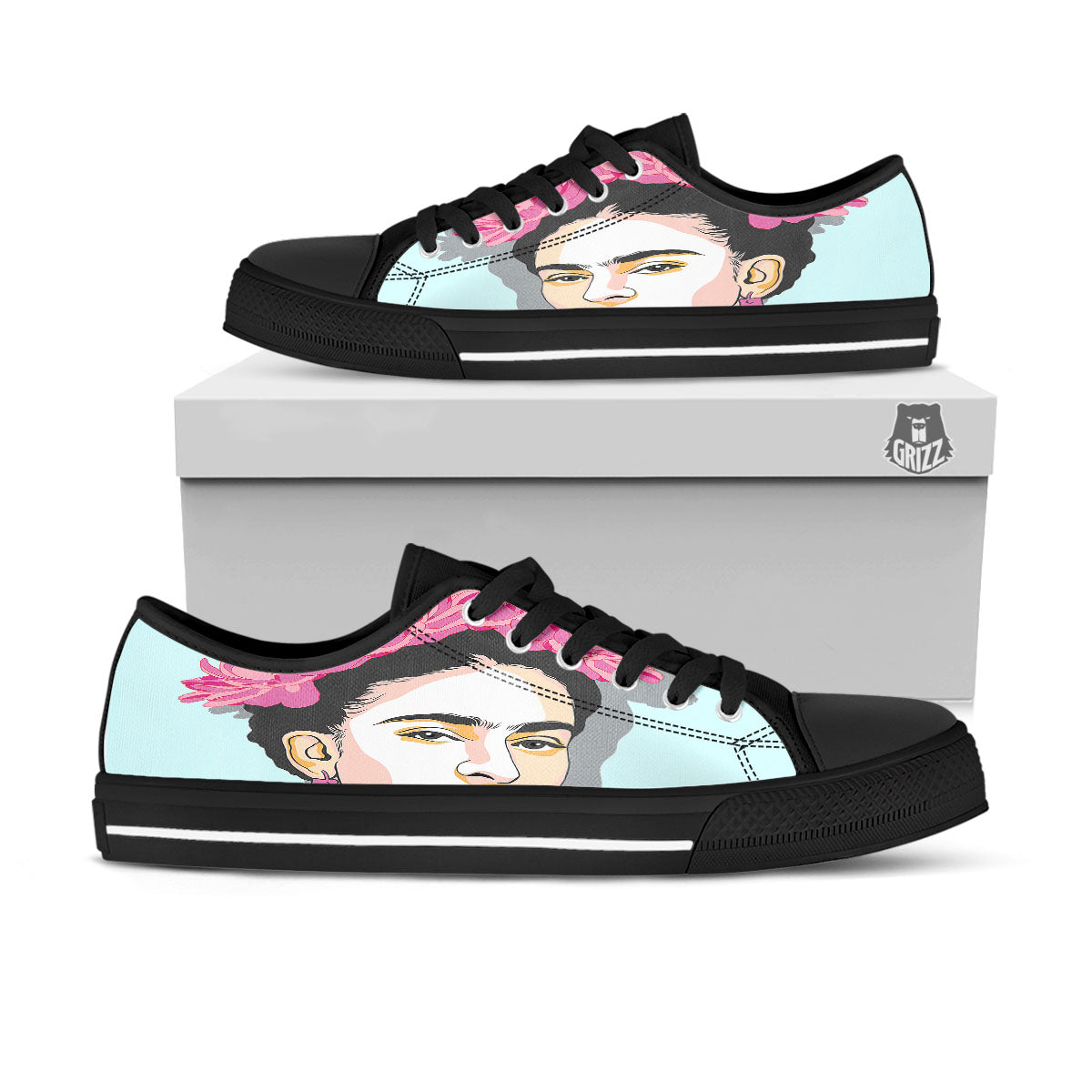 Carmen Frida Kahlo Magdalena Print Black Low Top Shoes-grizzshop