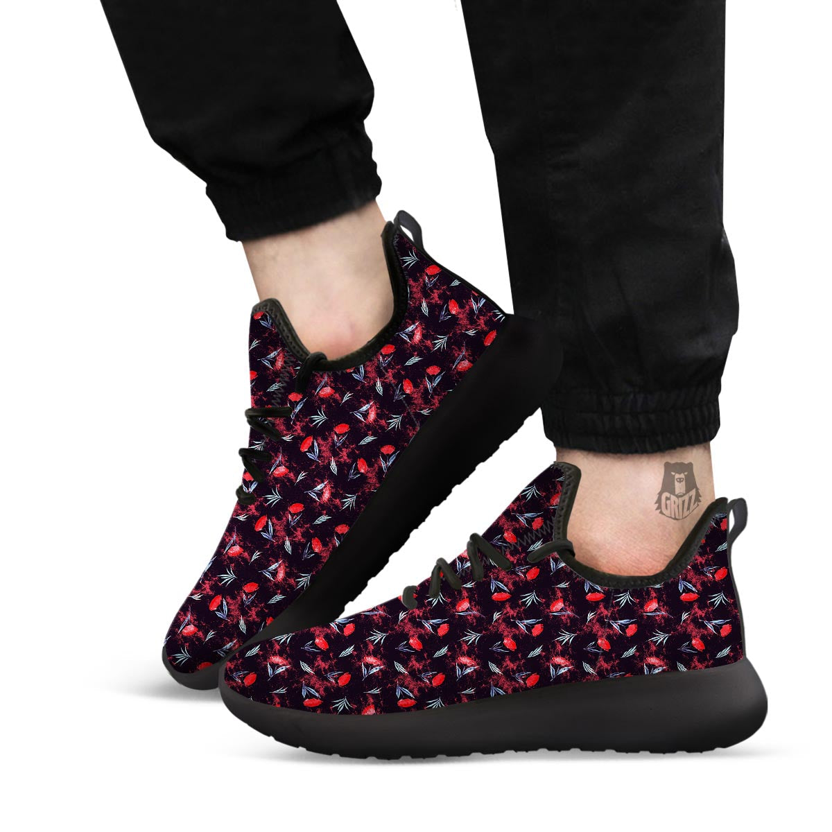 Carnation Black And Red Print Pattern Black Athletic Shoes-grizzshop