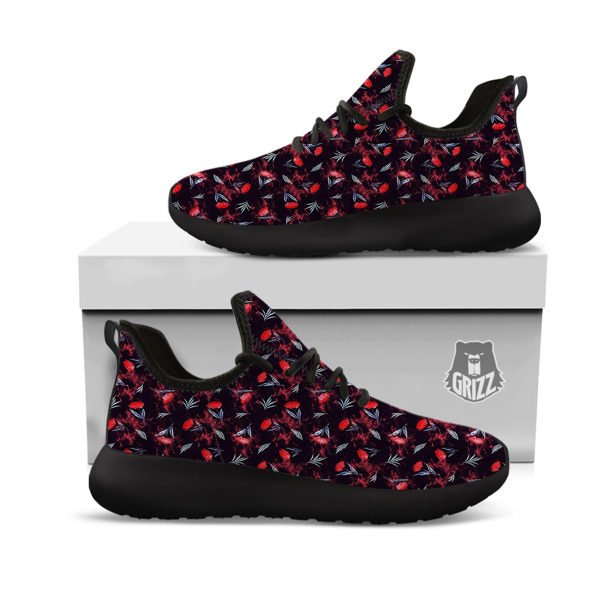 Carnation Black And Red Print Pattern Black Athletic Shoes-grizzshop