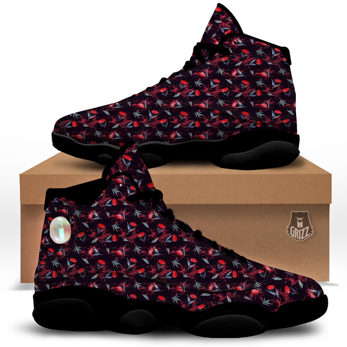 Carnation Black And Red Print Pattern Black Basketball Shoes-grizzshop