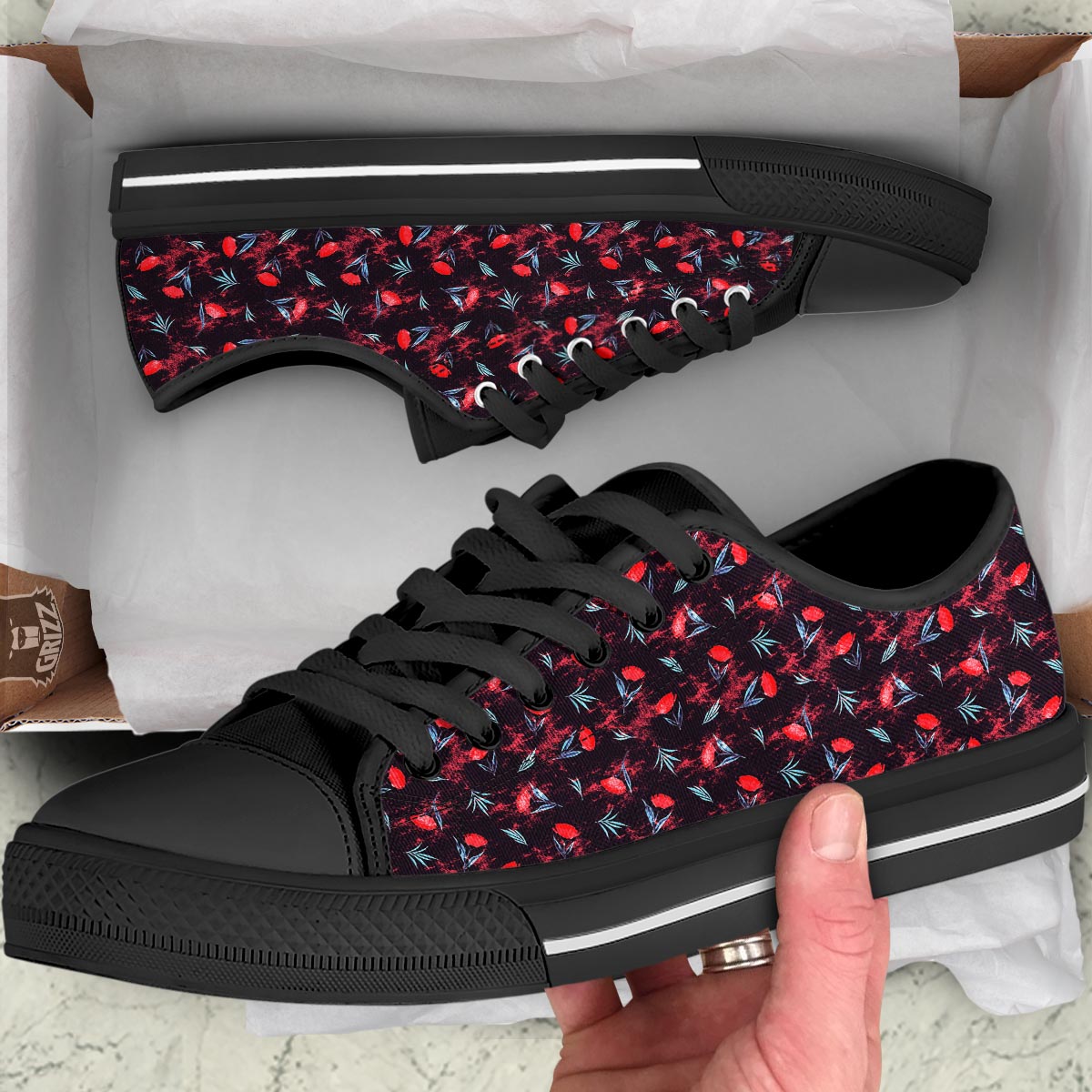 Carnation Black And Red Print Pattern Black Low Top Shoes-grizzshop