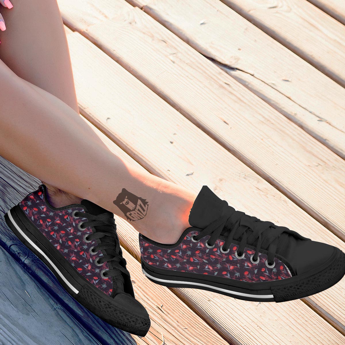 Carnation Black And Red Print Pattern Black Low Top Shoes-grizzshop