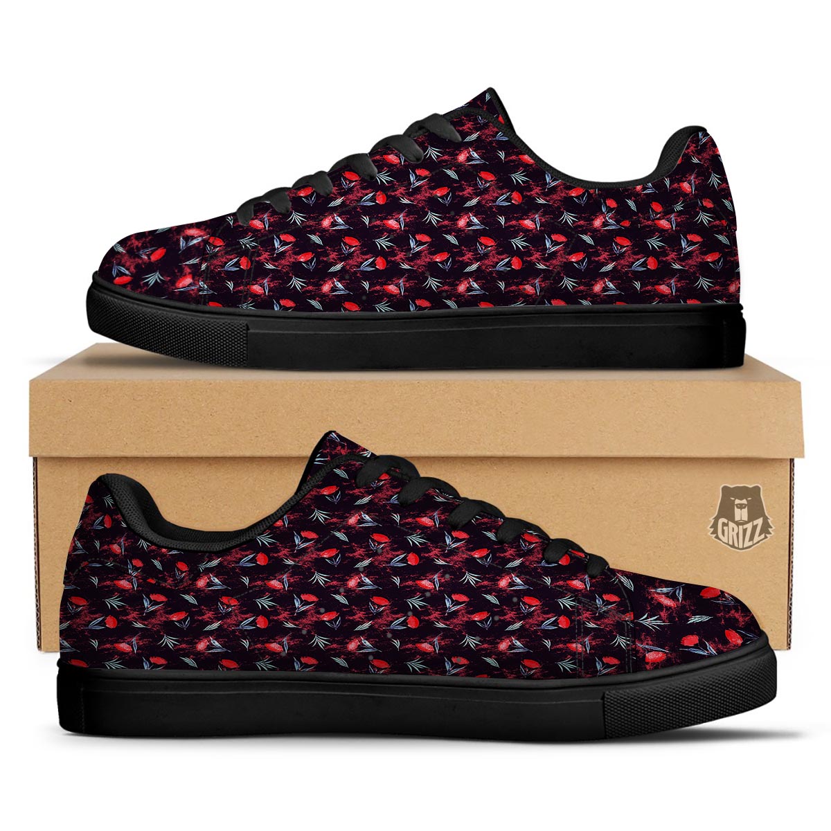 Carnation Black And Red Print Pattern Black Low Top Sneakers-grizzshop