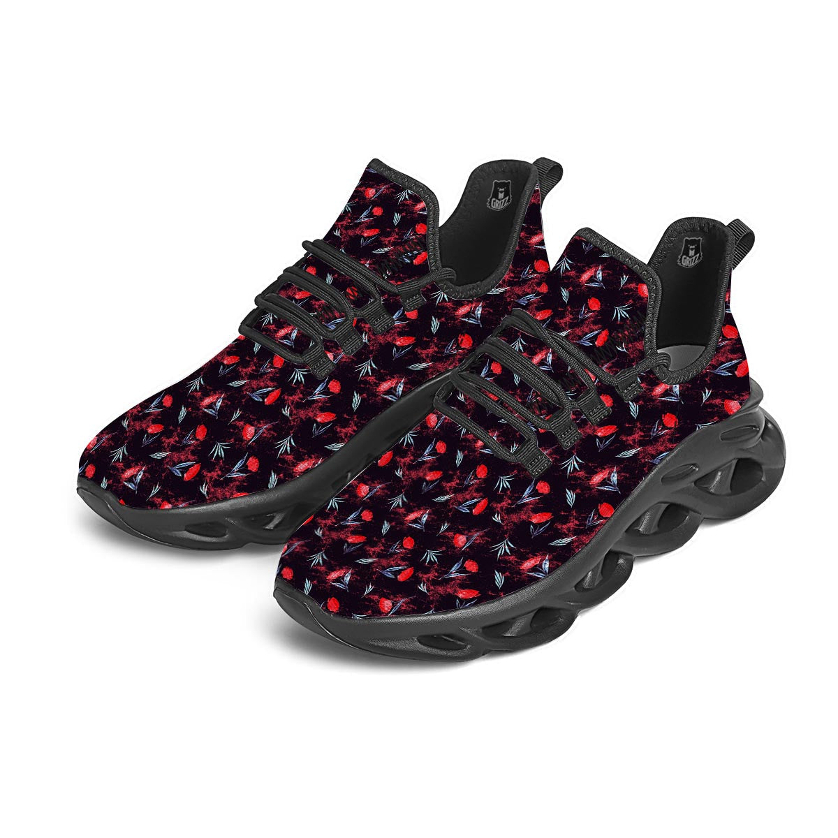 Carnation Black And Red Print Pattern Black Running Shoes-grizzshop
