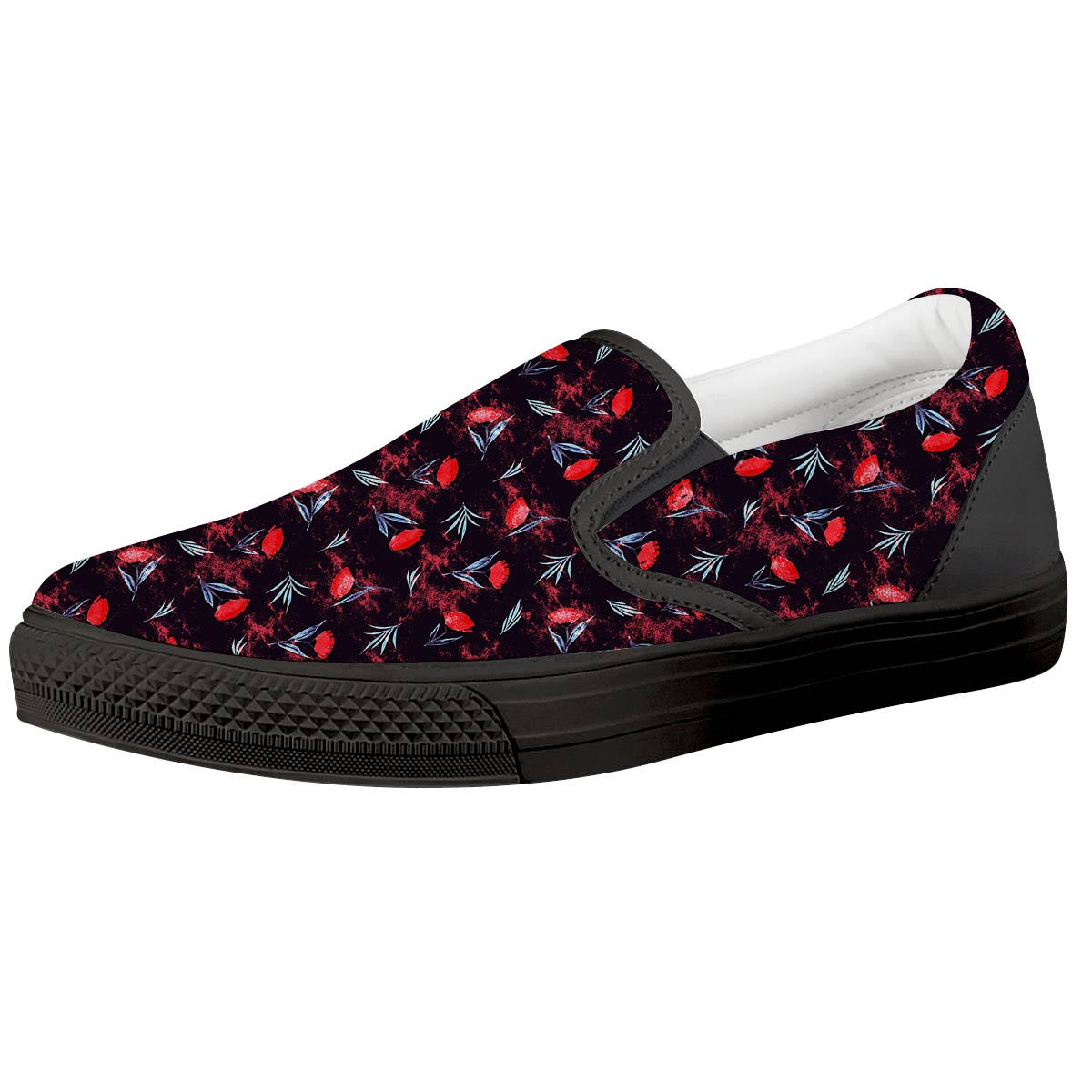 Carnation Black And Red Print Pattern Black Slip On Shoes-grizzshop