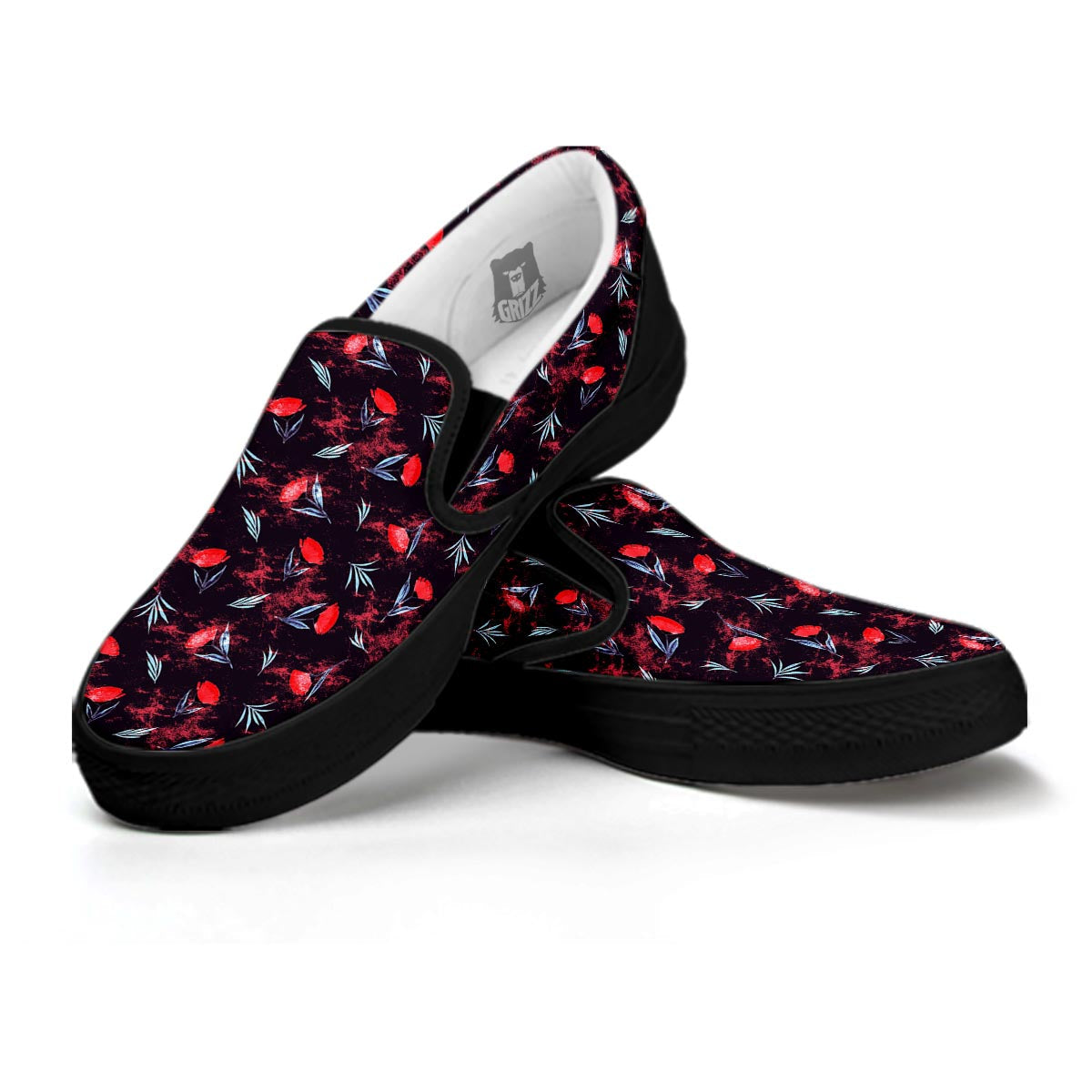 Carnation Black And Red Print Pattern Black Slip On Shoes-grizzshop