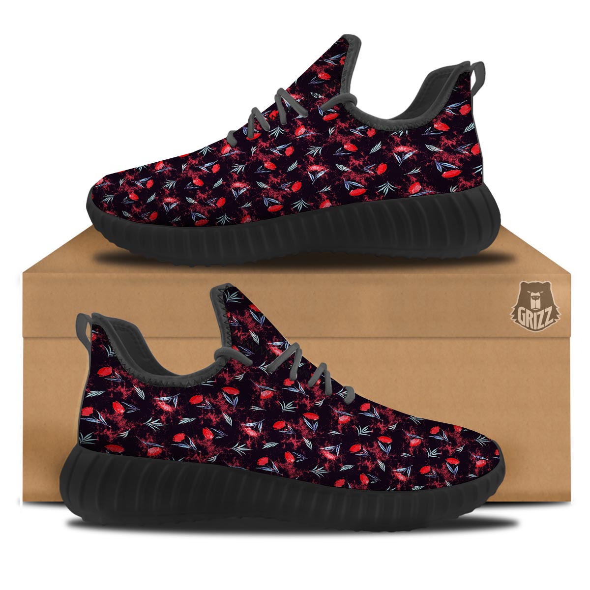 Carnation Black And Red Print Pattern Black Walking Shoes-grizzshop